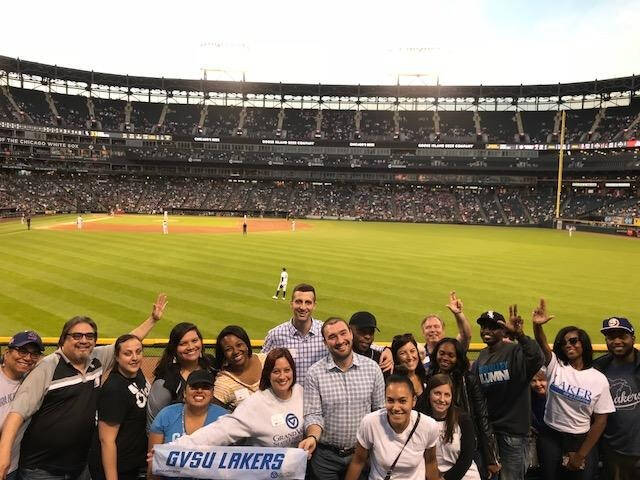 A group of GVSU Lakers at a Chicago baseball game